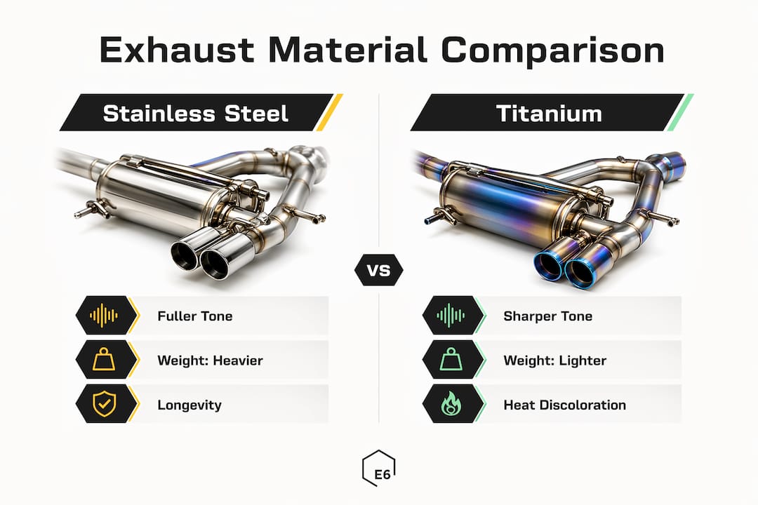 Infographic comparing stainless steel and titanium exhaust materials
