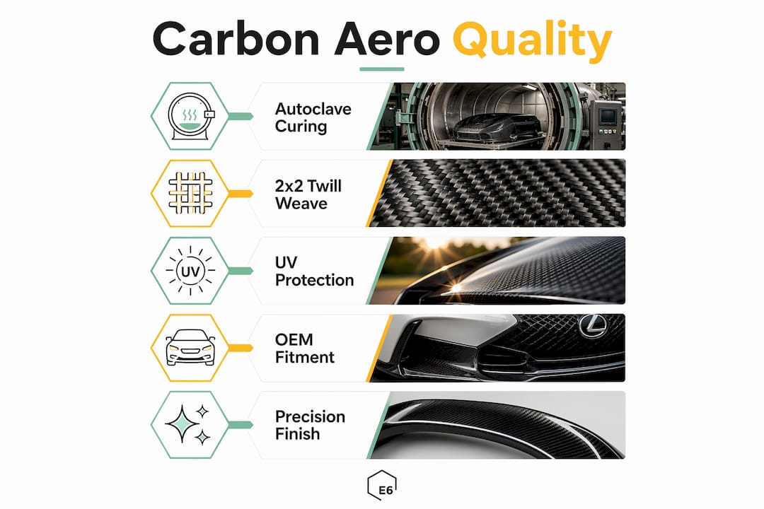 Infographic illustrating key quality features of Lexus LC500 carbon aero parts