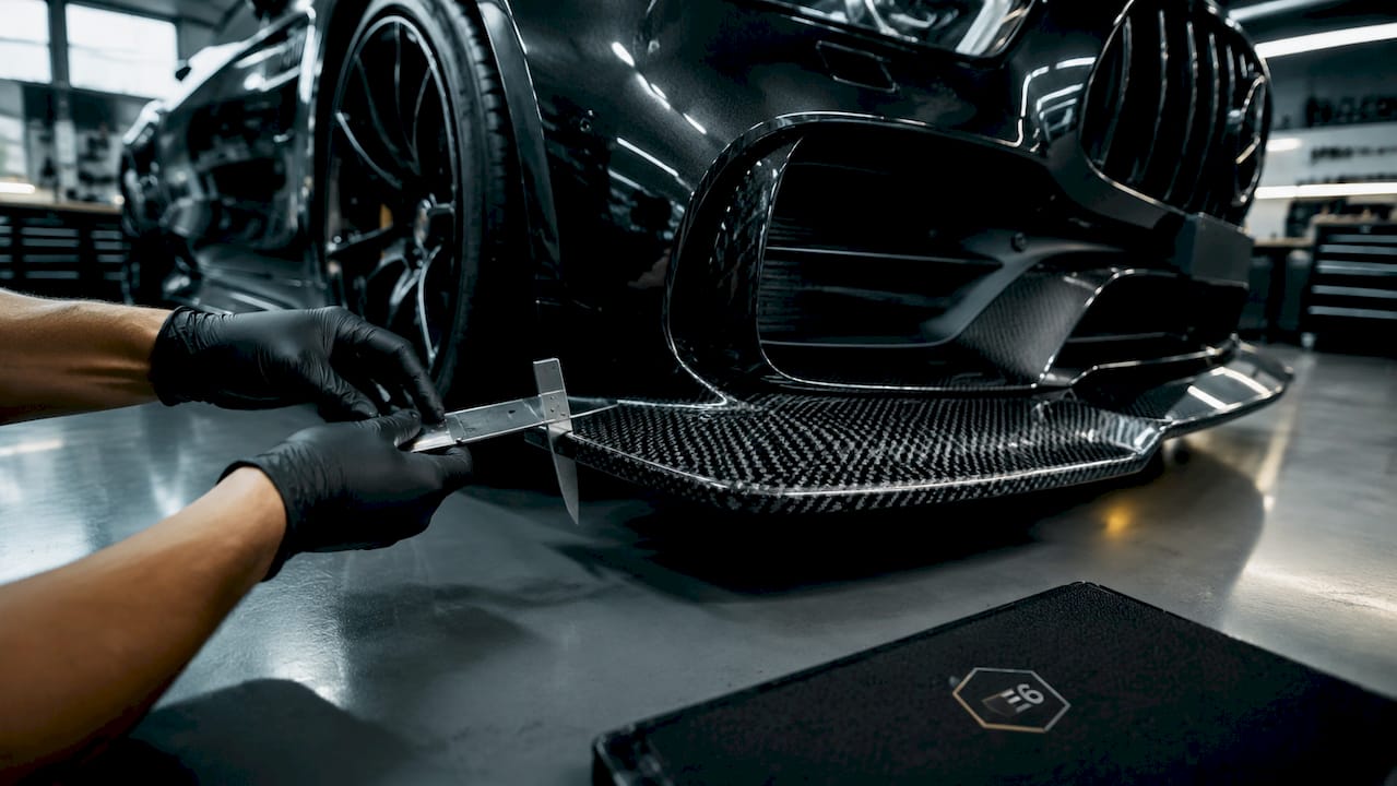 Installer measuring carbon fiber splitter panel gap
