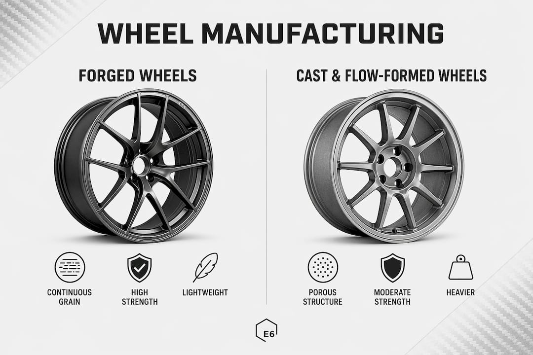 Comparison infographic of forged versus cast and flow formed wheels