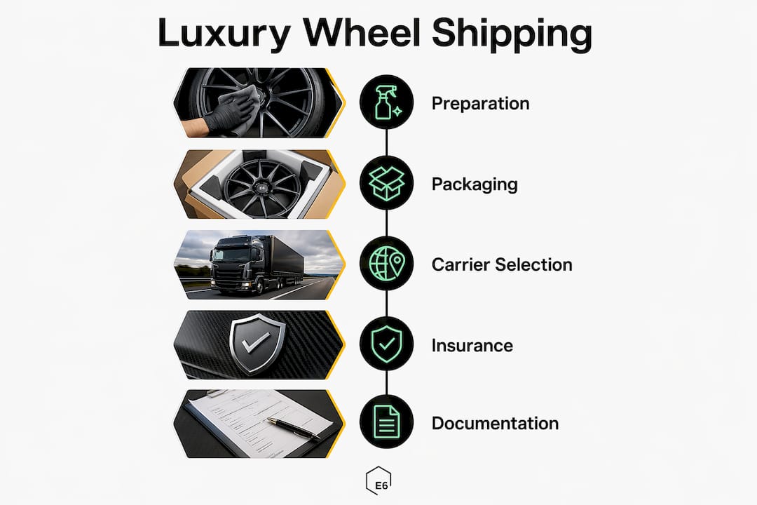 Infographic illustrating luxury wheel shipping process steps