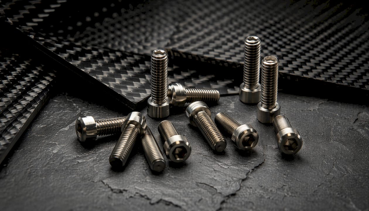 Grade 5 titanium bolts with carbon fiber backdrop in industrial studio