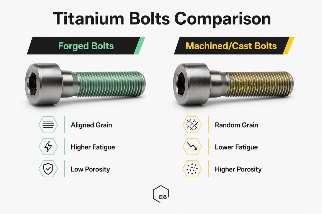 Infographic comparing forged and machined titanium bolt features