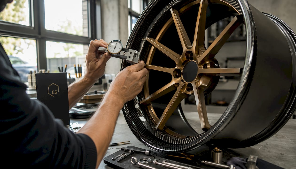Hands adjusting spoke tension on forged Lamborghini wheel