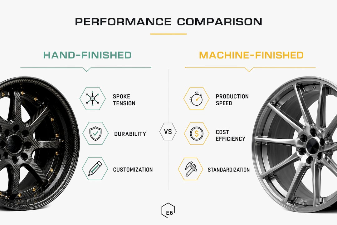 Infographic comparing hand-finished and machine-finished wheel features
