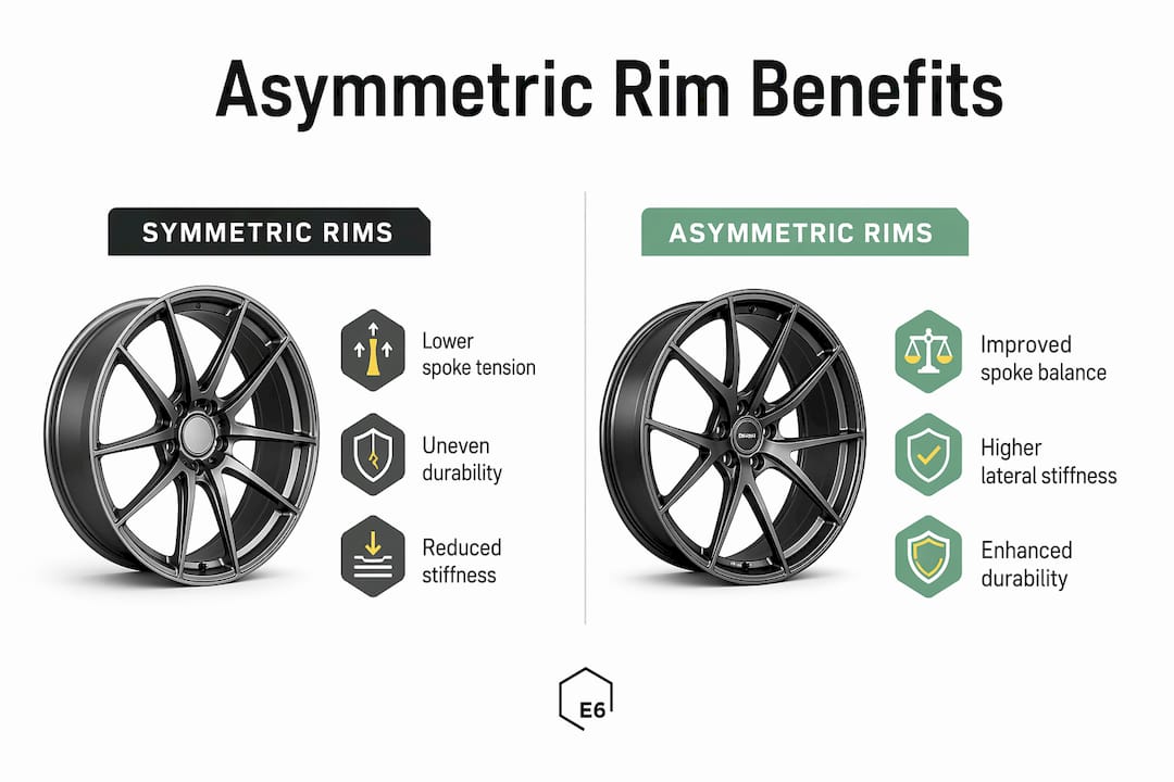 Infographic comparing symmetric vs asymmetric rim benefits
