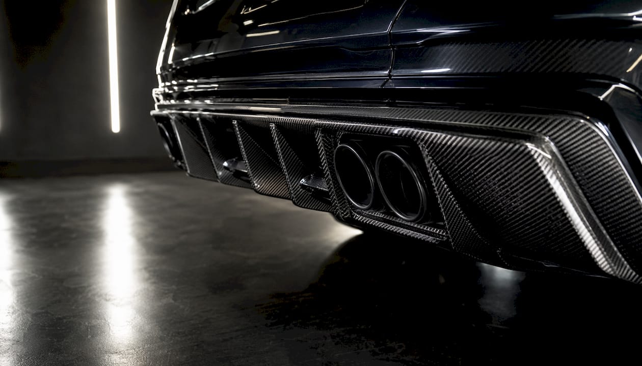 Carbon fiber diffuser detail on BMW M5 G90