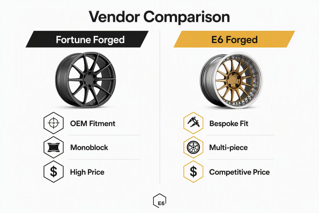 Infographic comparing forged wheels vendors Fortune Forged and E6 Forged