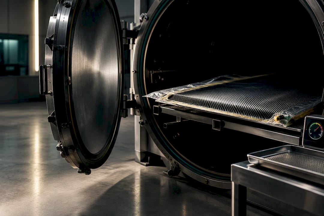 Vacuum-bagged carbon panel near autoclave