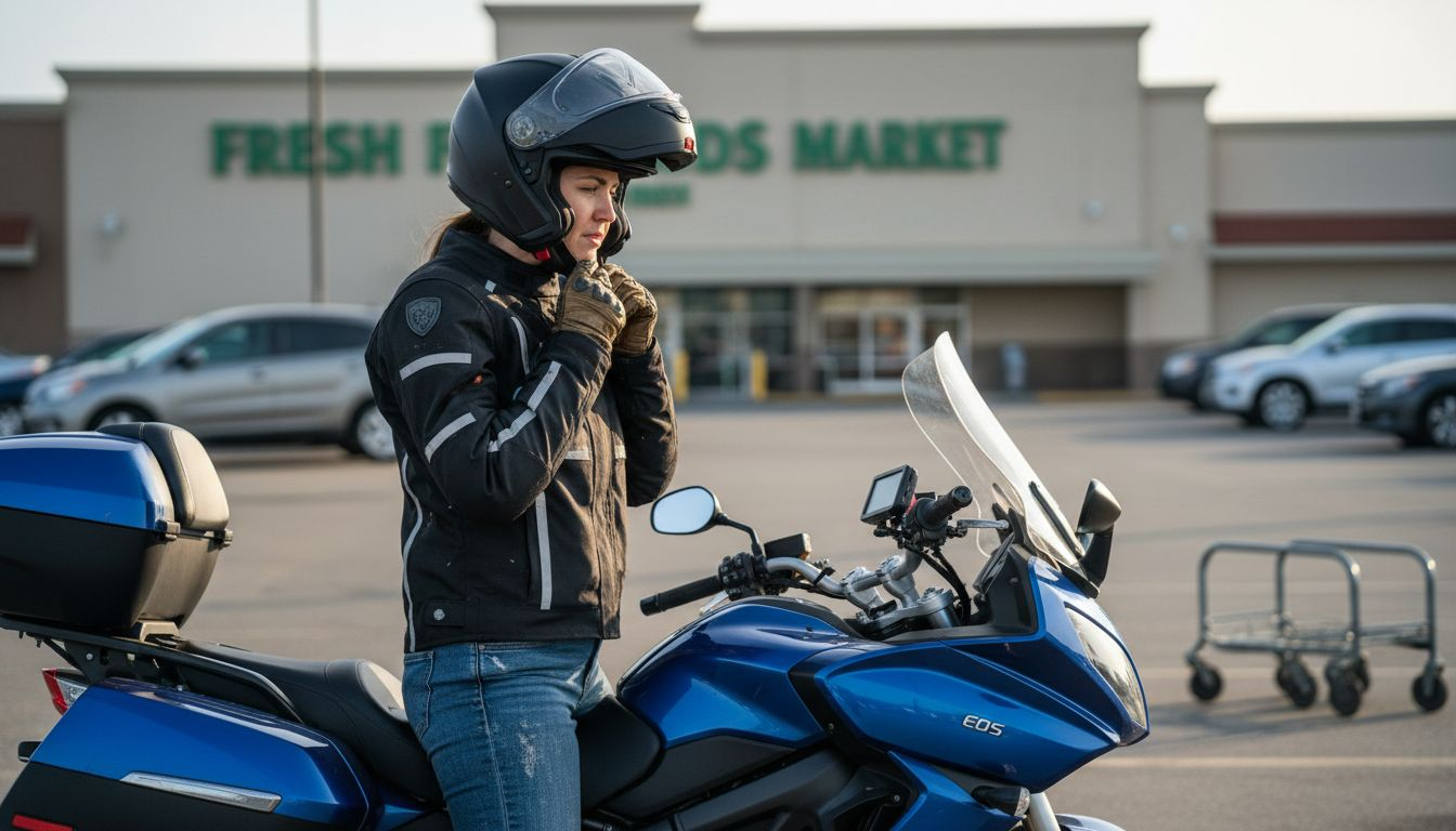 Rider securing helmet with full protective gear