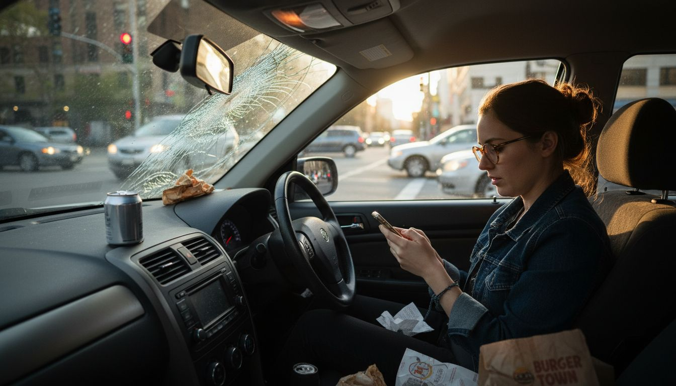 Driver texting at red light intersection