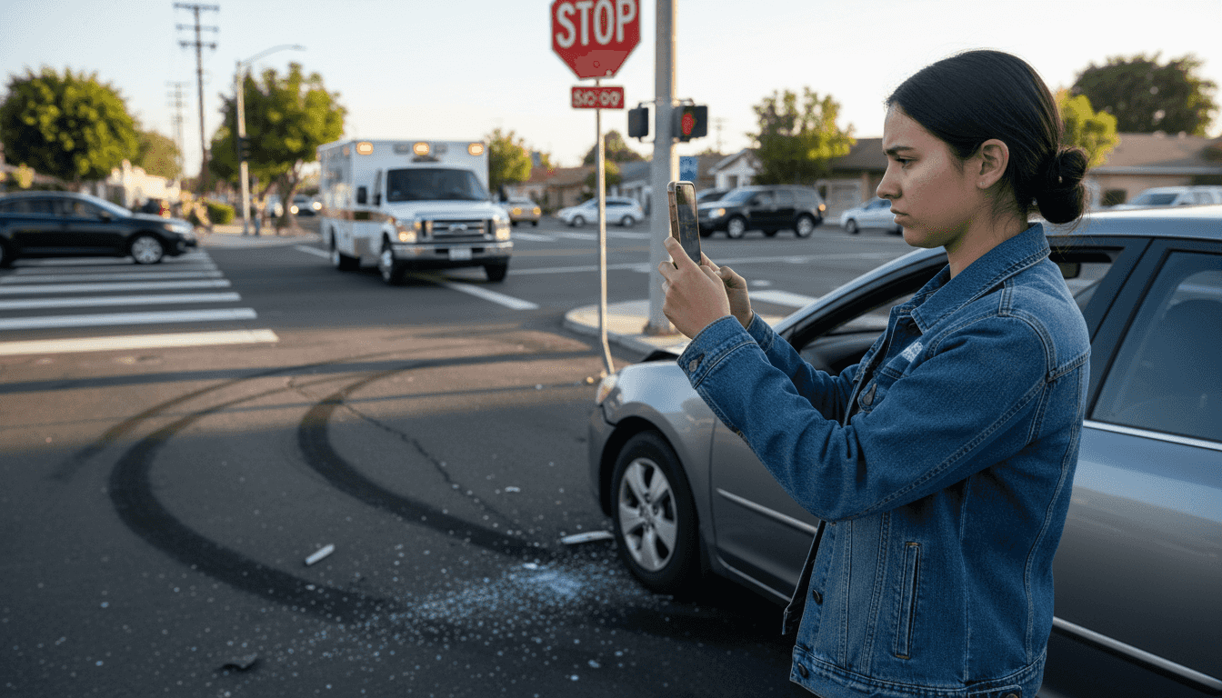 Victim photographs accident scene and car damage