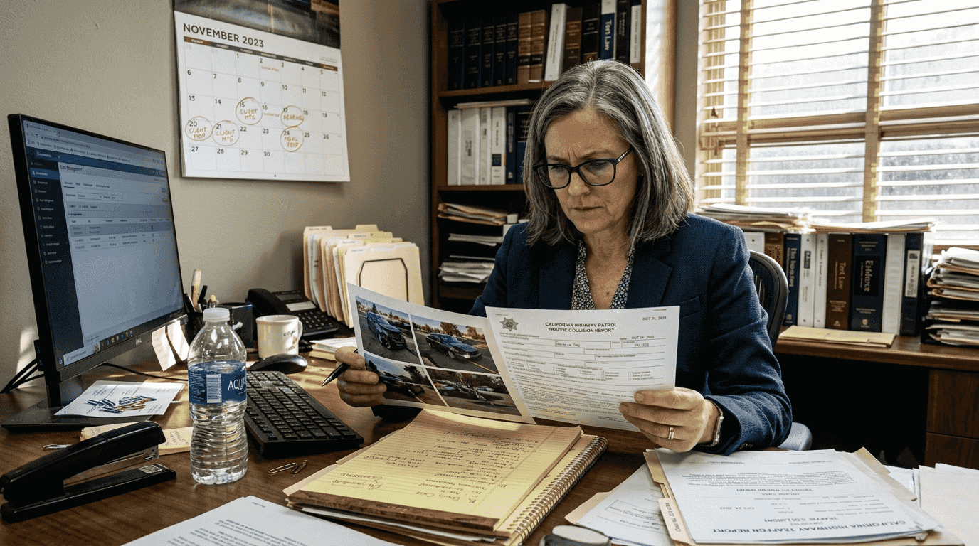 Attorney reviewing injury case paperwork