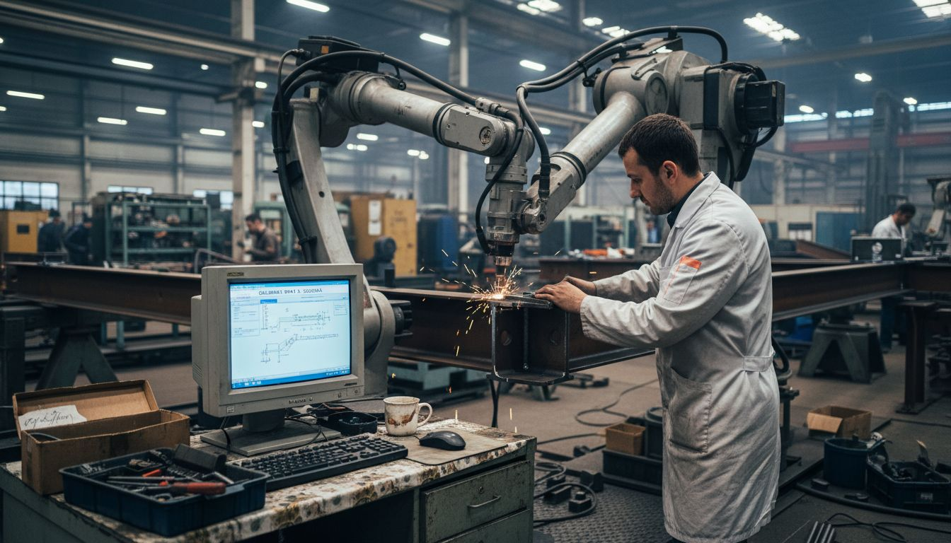 Un robot industrial execută sudură pe piese metalice, asigurând precizie și eficiență în procesul de fabricație.