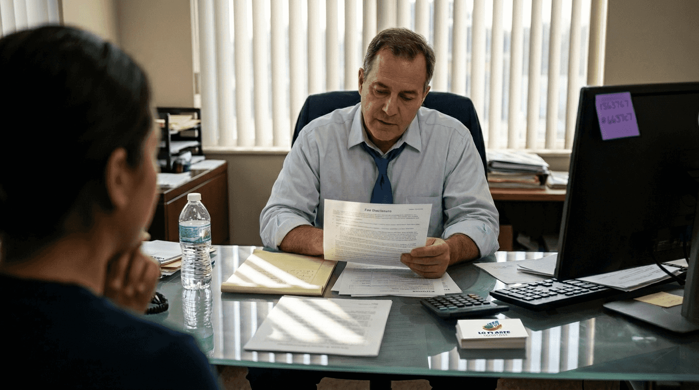 Broker reviewing fee disclosure with client