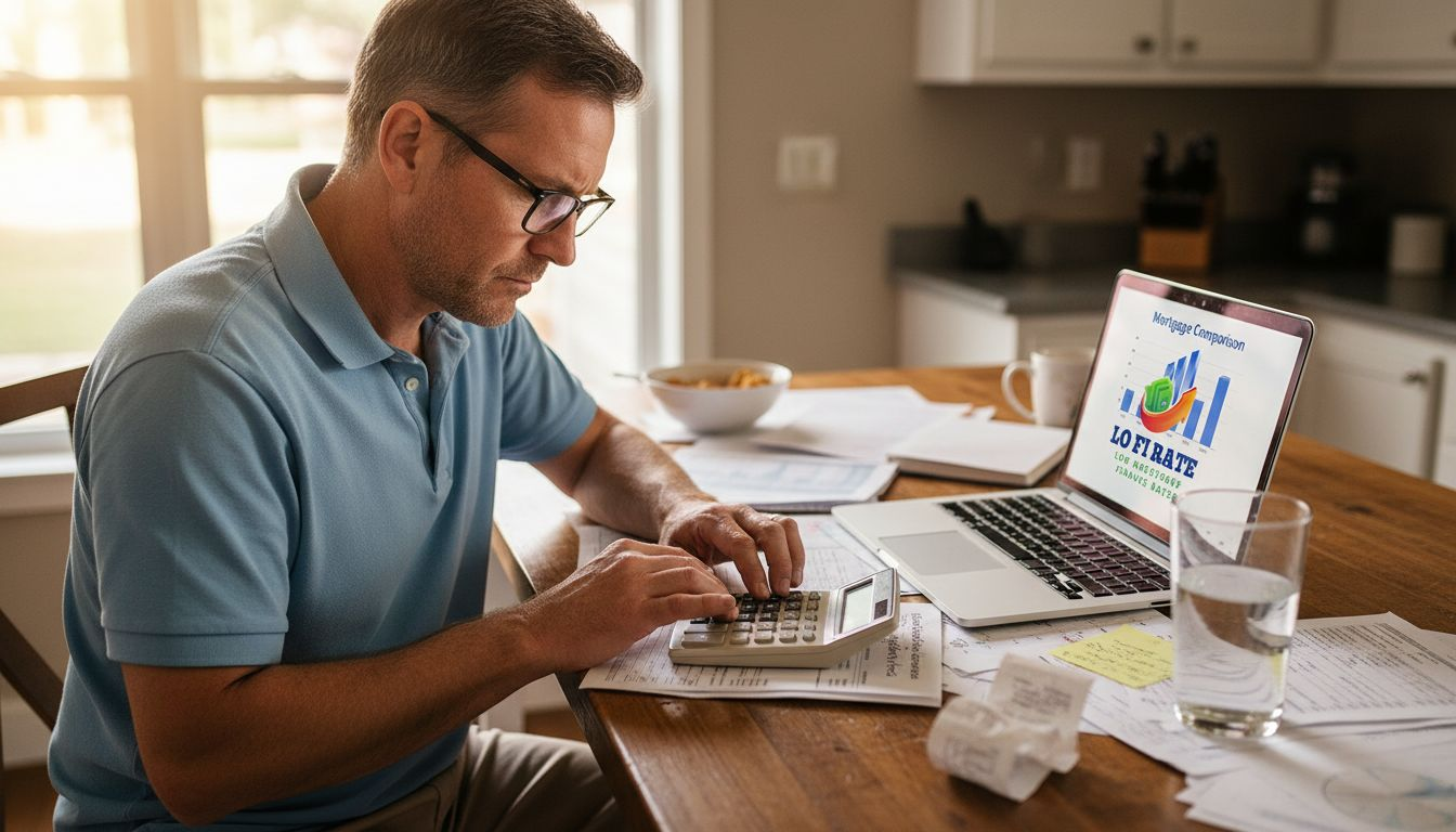 Man using calculator and laptop for mortgage math