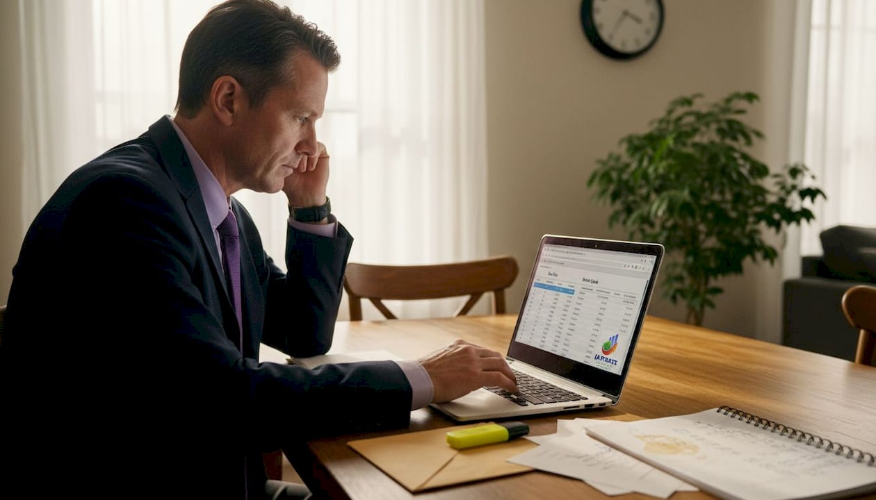 Man comparing mortgage rates on laptop