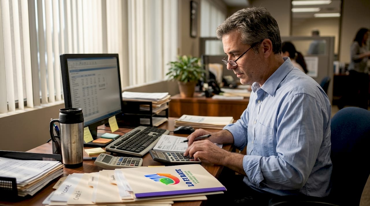Mortgage officer checks income paperwork at desk