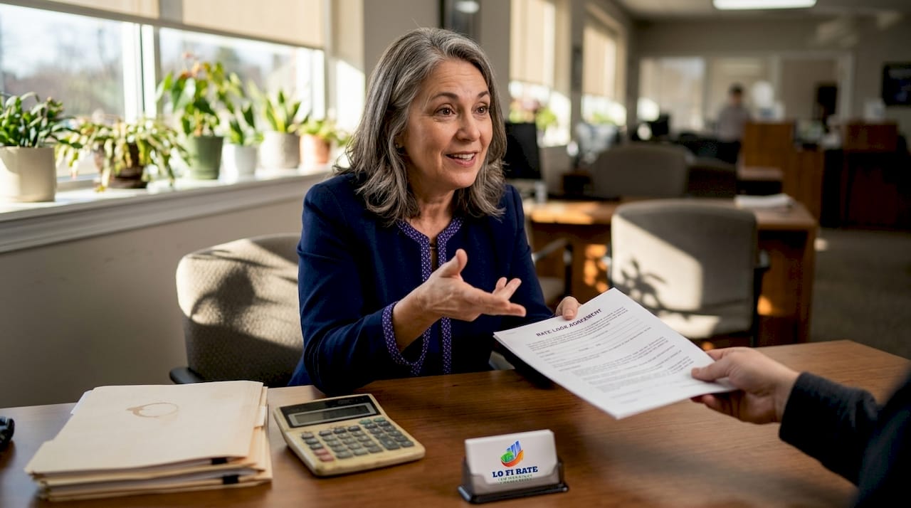 Advisor presenting rate lock agreement in bank