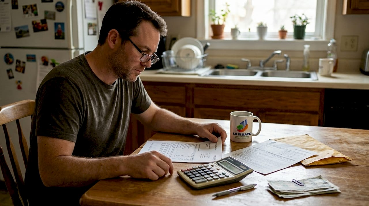 Homeowner reviewing mortgage fees at kitchen table