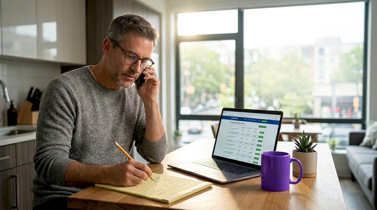 Man negotiating mortgage terms on office phone