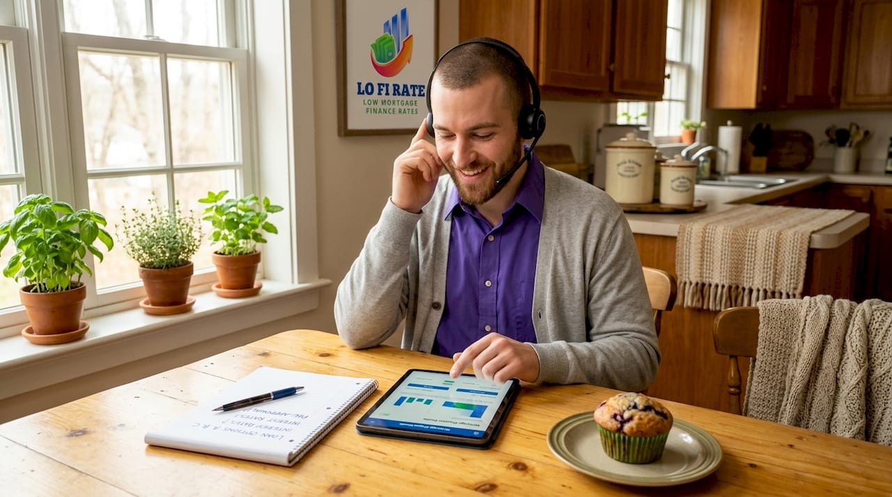 Homebuyer reviewing mortgage programs in café