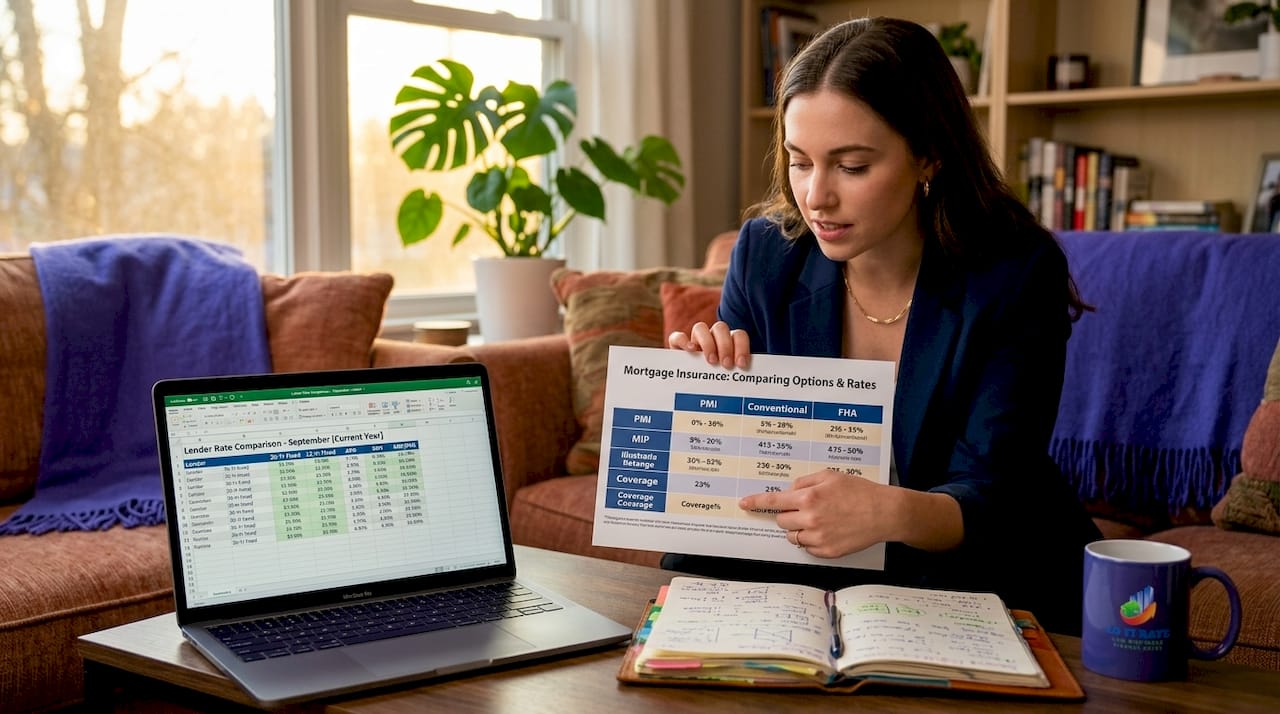 Hands pointing to mortgage insurance type comparison chart