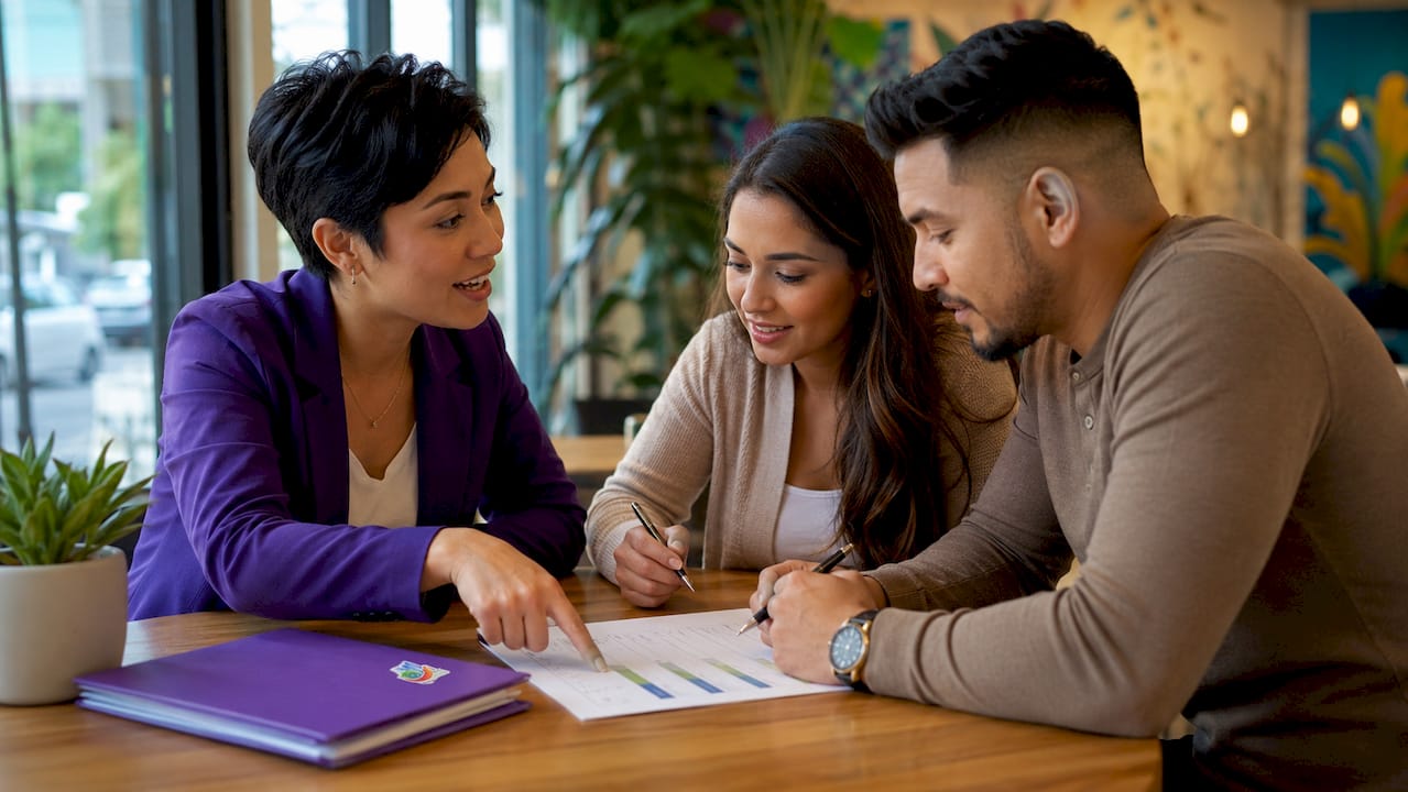 Mortgage broker discussing interest rates with couple