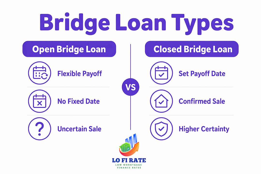 Comparison infographic of open vs closed bridge loans