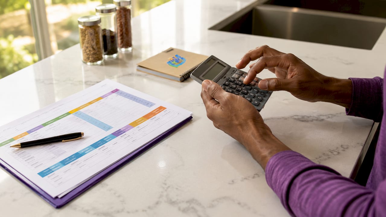 Hands using calculator on loan paperwork
