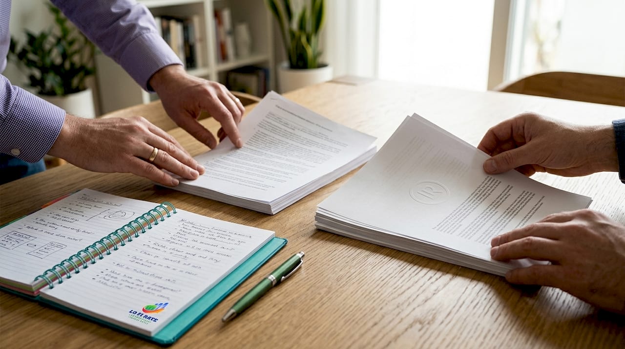 Hands holding two different stacks of title insurance documents