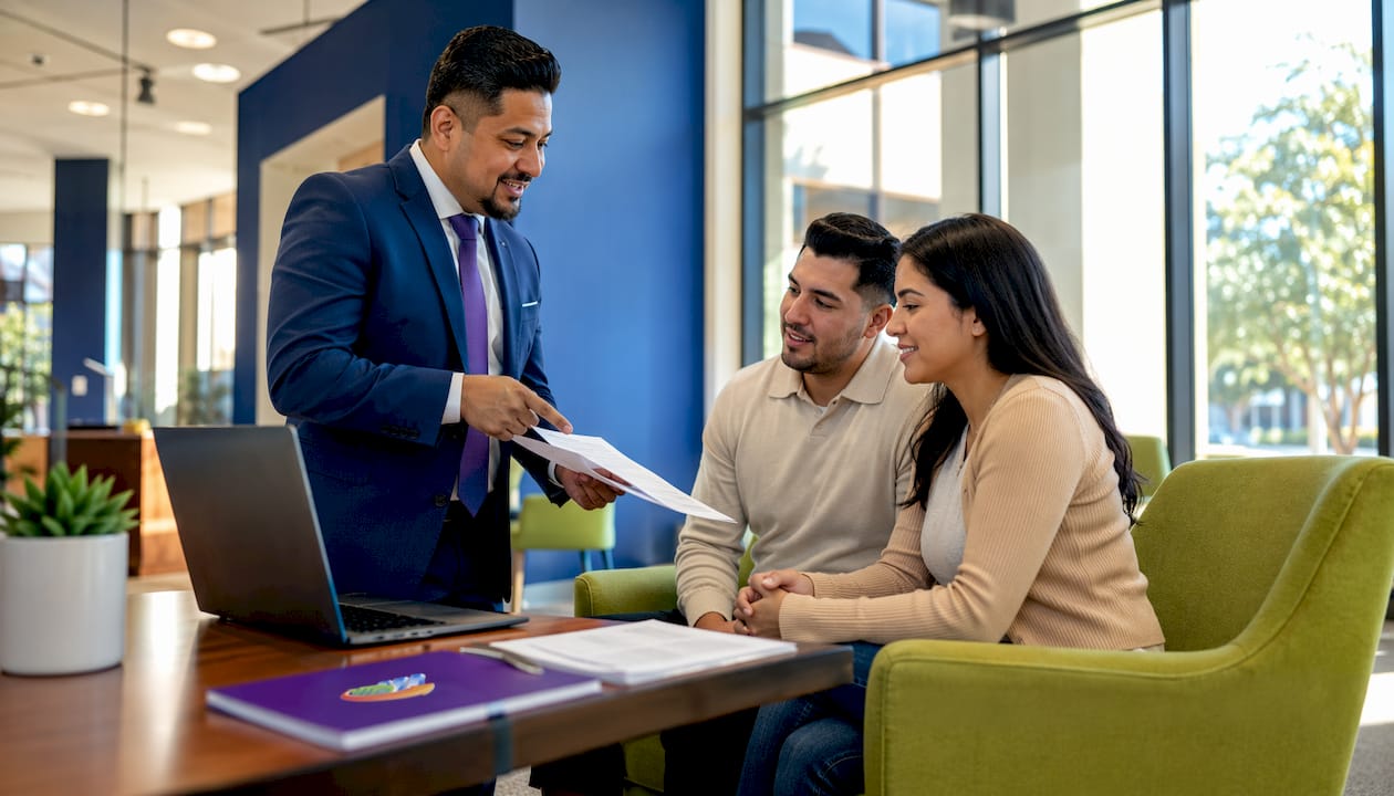 Loan officer explaining mortgage documents to couple
