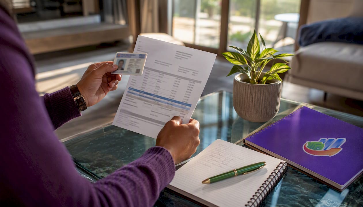 Hands holding ID and mortgage statement on desk