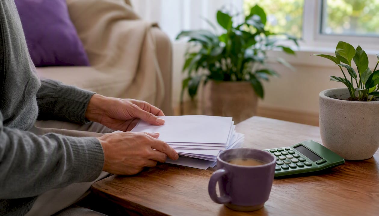 Hands organizing bank statements and calculator