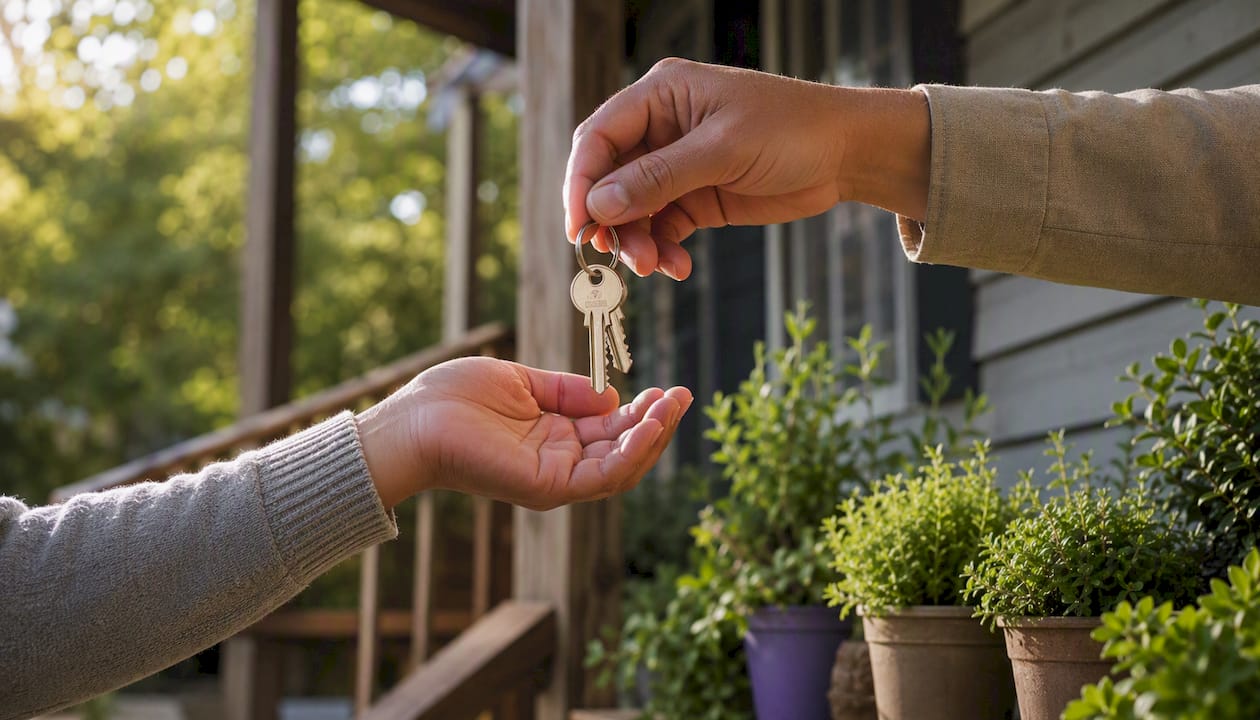 Hands exchanging house keys outdoors