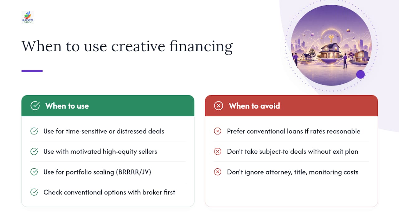 When creative financing is the right call and when it is not — overview diagram