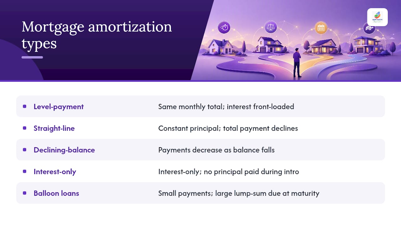 Diagram comparing mortgage amortization types and payment structures