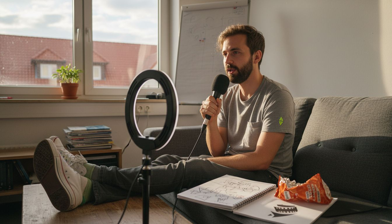 Eine Mitarbeiterin schildert auf dem Sofa im Büro ihre Erfahrungen vor der Kamera.