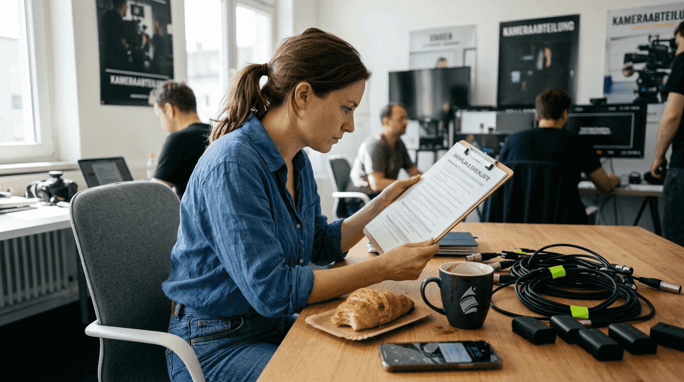 Eine Produktionsassistenz überprüft die letzten Vorbereitungen am Set.
