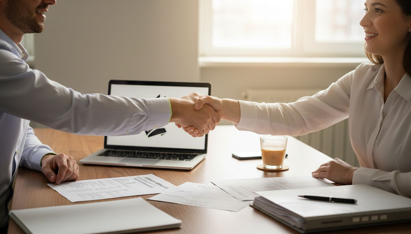 Ein Handschlag im Büro als Zeichen für Vertrauen und erfolgreiche Geschäftsbeziehungen zwischen Unternehmen.