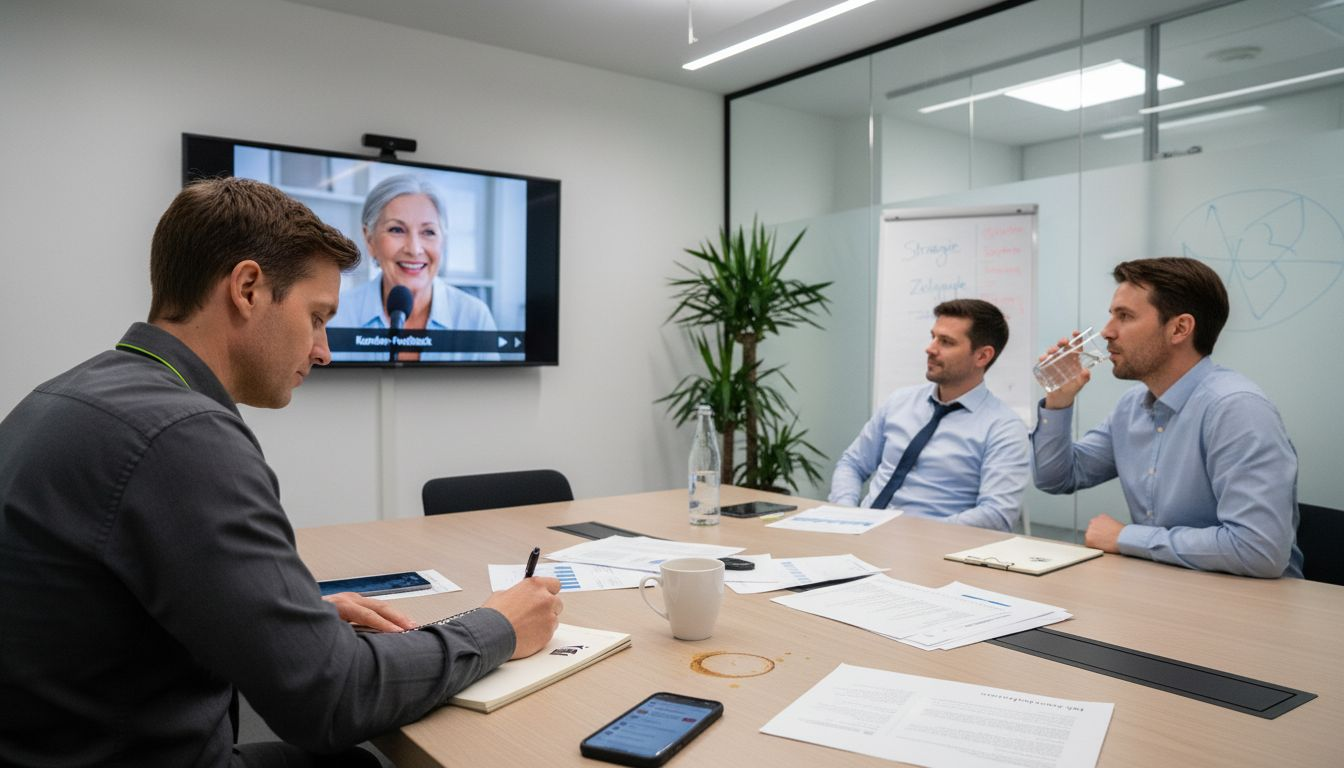 Das Team schaut sich gemeinsam das Video-Testimonial einer Fallstudie an und bespricht die wichtigsten Erkenntnisse.