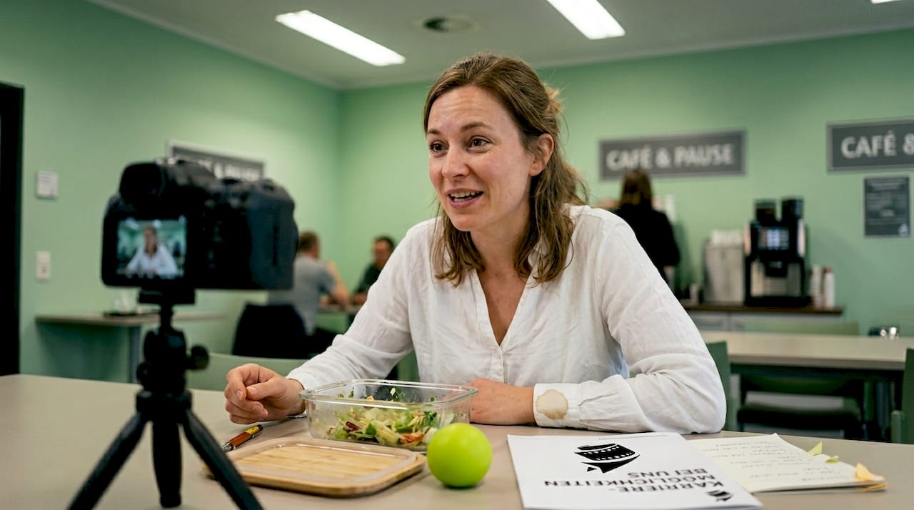 Ein Mitarbeiter nimmt in der Kaffeeküche ein kurzes Video auf, in dem er seine Erfahrungen mit dem Bewerbungsprozess schildert.