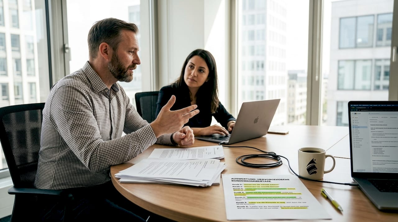Im Büro tauschen sich Kollegen über das Feedback von Kunden aus.