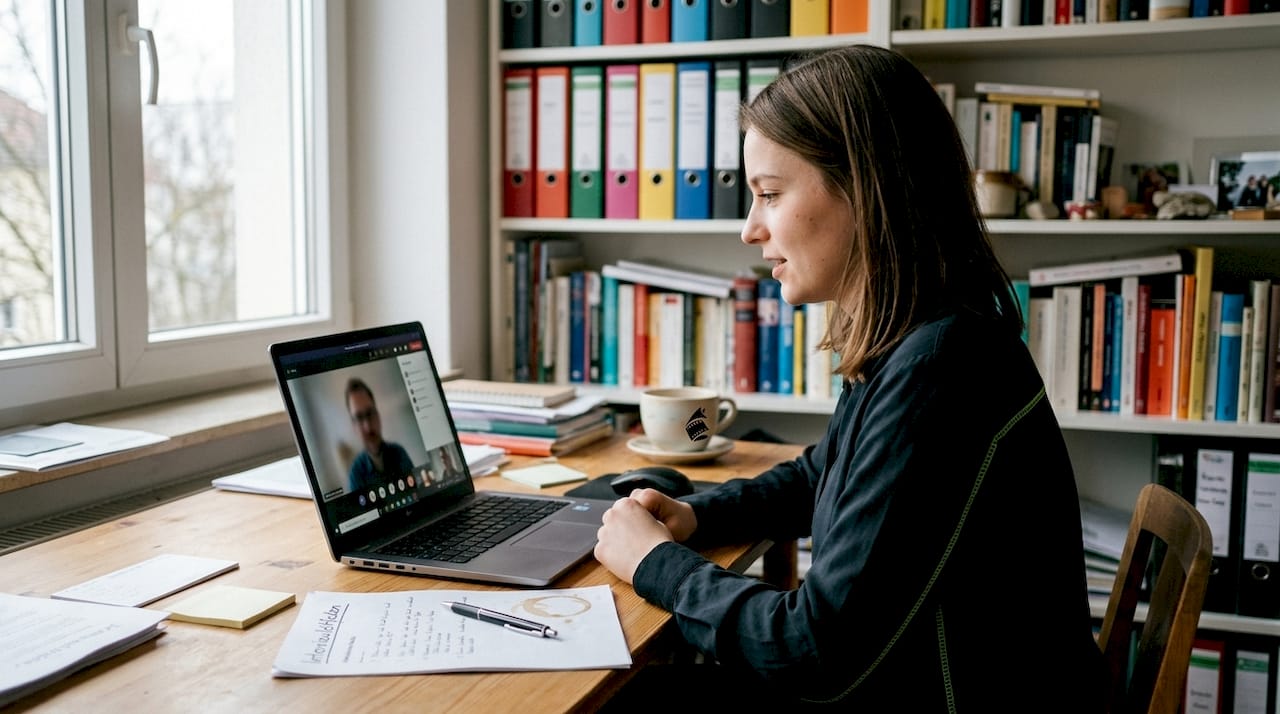 Eine Projektmanagerin führt ein Videointerview an ihrem Schreibtisch im Homeoffice.