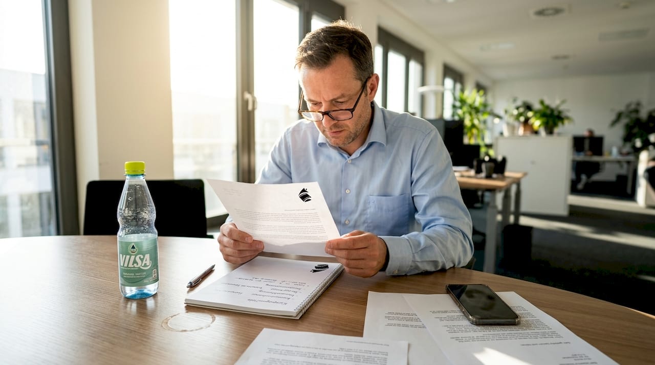 Ein Manager sitzt am Tisch und liest sich ein ausgedrucktes Kundenfeedback durch.