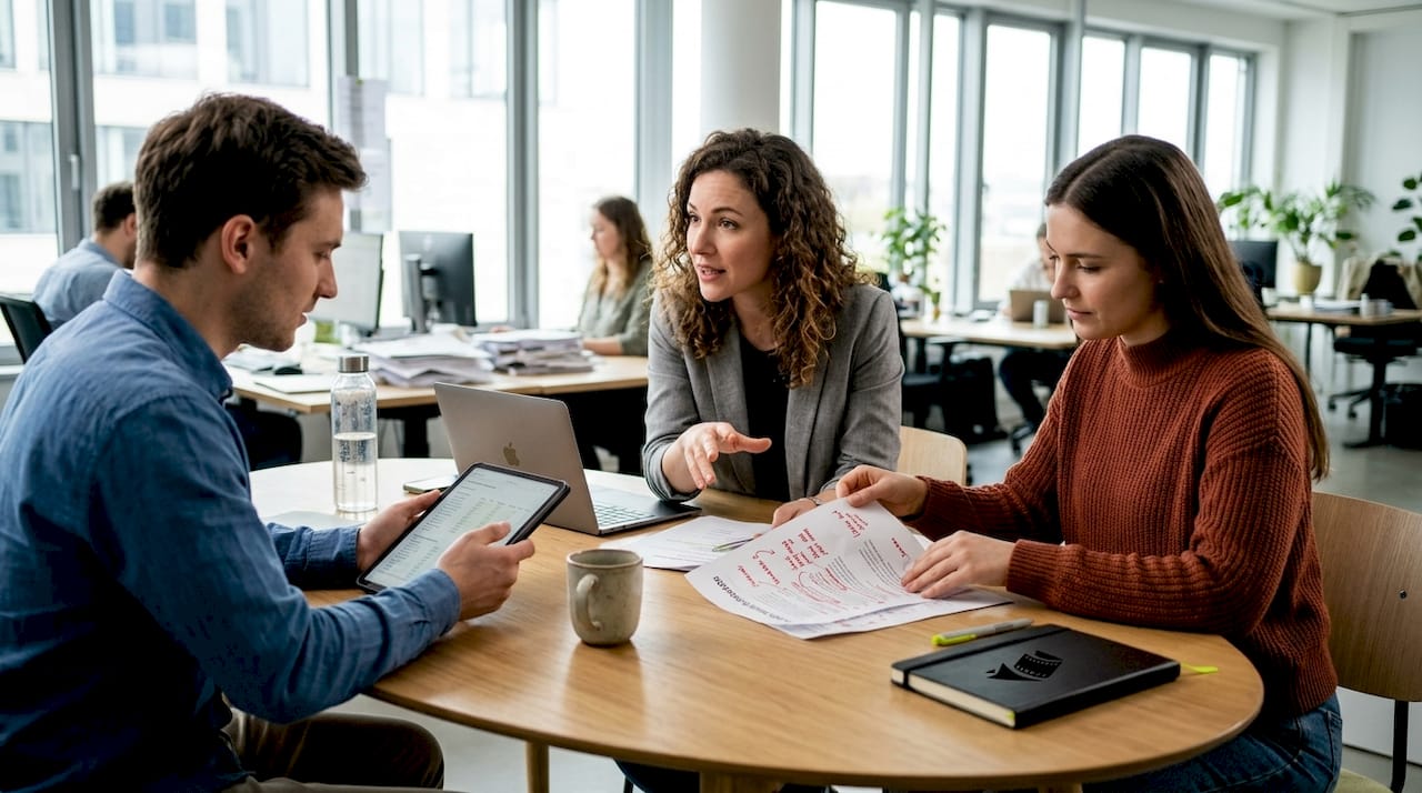 Im Büro tauscht sich das Team offen über das Feedback der Kunden aus.
