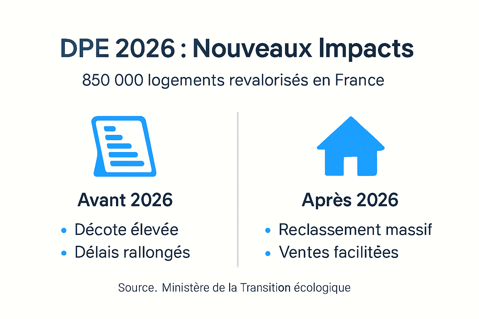 DPE 2026 : 850 000 Logements Reclassés, Impact sur Vente Infographie : ce que la réforme du DPE 2026 va changer pour la vente de votre bien