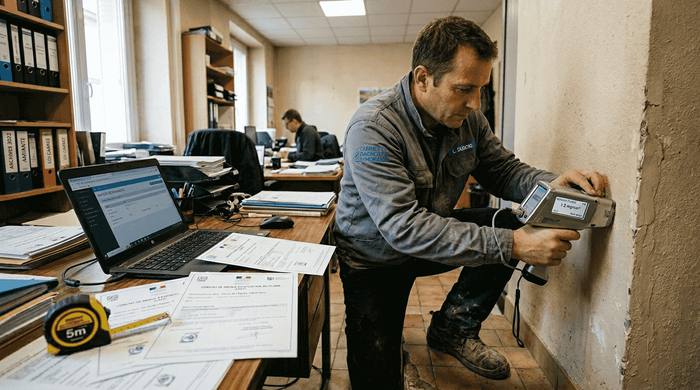 Comprendre le rôle de l'expert en diagnostics immobiliers Expert en diagnostics en pleine manipulation de ses instruments au bureau