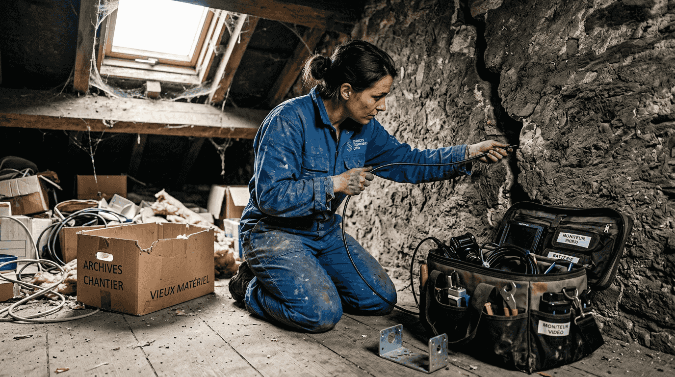 Repérage termites : détecter efficacement en 2026 Une technicienne procède à l’inspection d’un mur à l’aide d’une caméra spécialisée.
