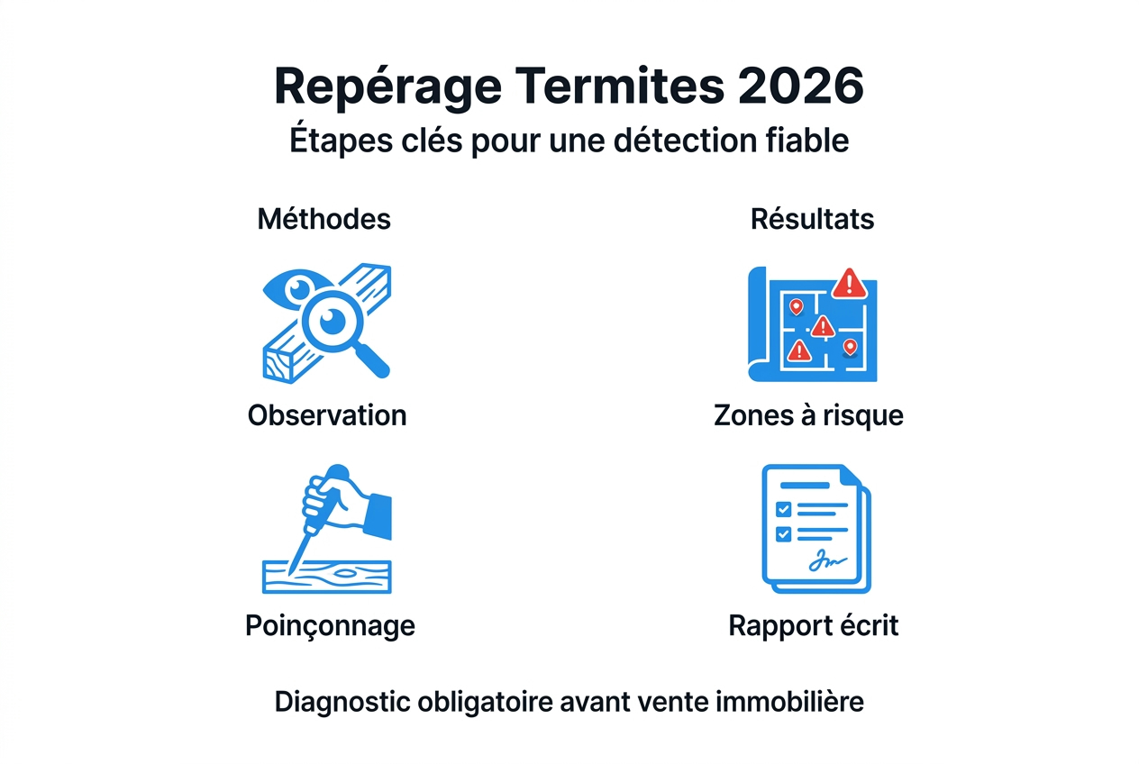 Repérage termites : détecter efficacement en 2026 Découvrez en un coup d'œil les principales étapes pour identifier la présence de termites grâce à notre infographie explicative.